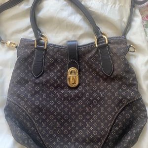 Chocolate monogram Mini Lin canvas Romance bag with brass hardware,